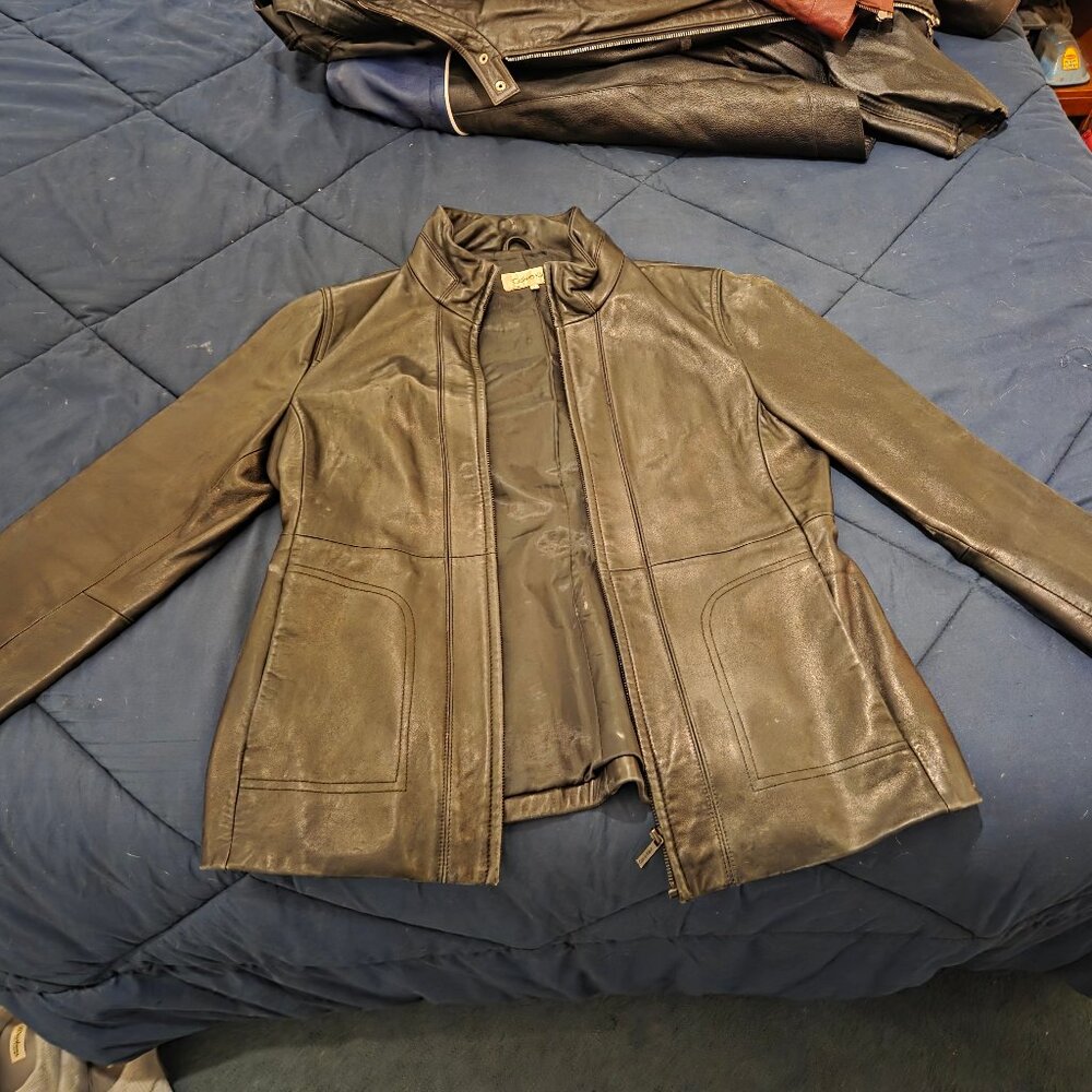 Women's Black Calvin Klein and Burgundy Wilson Leather Moto Style Jackets